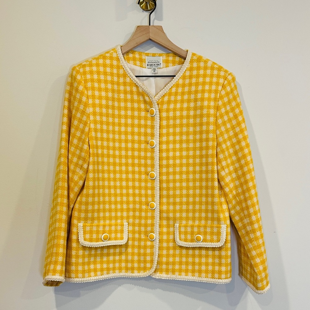 Vintage Brownstone Studio Petites Yellow Gingham Tweed Jacket Made in USA Sz 10